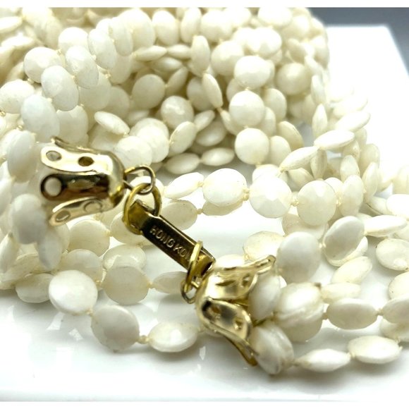 Vintage Plastic Multi Strand Necklace, Hong Kong, Basic White Round Beads, Four - Picture 6 of 6
